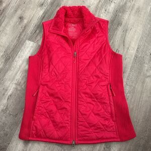 LL Bean Vest Womens Small Red Sherpa Fleece Lined Quilted Vest Full-Zip Pockets